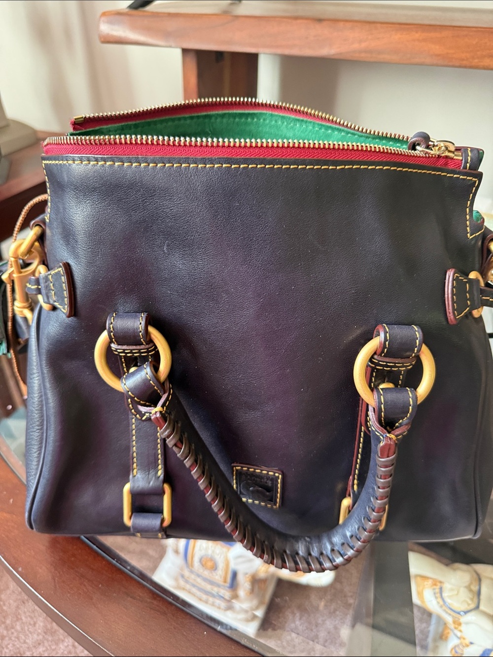 Dooney & Bourke Navy Blue Leather Satchel with Green and Red Accents